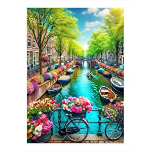 Amsterdam Çiçekli Bisikletler Desenli Ahşap Tablo 35cm X50cm