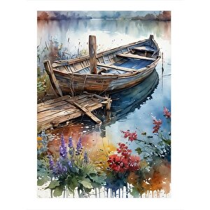 Renkli Çiçekler Ve Ahşap Tekne Tasarım Mdf Tablo 25cmx 35cm 25x35 cm