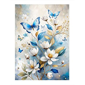 Mavi Kelebekler Ve Çiçekler Modern Mdf Tablo 25cmx 35cm 25x35 cm