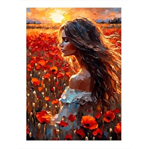 Kırmızı Çiçekler Ve Kız Model Mdf Tablo 25cmx 35cm 25x35 cm