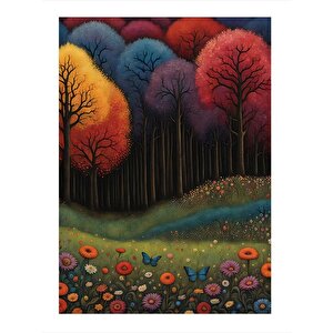 Ormandaki Renkli Ağaçlar Ve Çiçekler Mdf Poster 35cm X50cm 35x50 cm