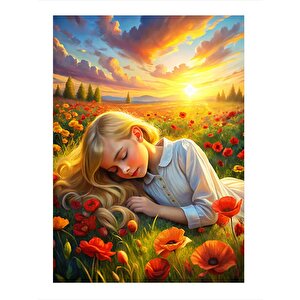 Çiçeklere Yatan Kız Mdf Poster 25cmx 35cm 25x35 cm