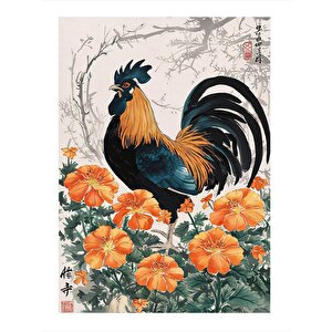 Turuncu Çiçekler Ve Horoz Mdf Poster 35cm X50cm 35x50 cm