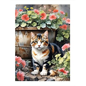 Çiçekler Ve Kedi Art Mdf Poster 25cmx 35cm 25x35 cm
