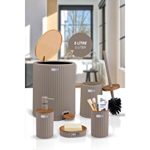 Okyanus Home Coliseum Vizon Ahşap Desenli Kovalı Pedallı 5'li Banyo Seti