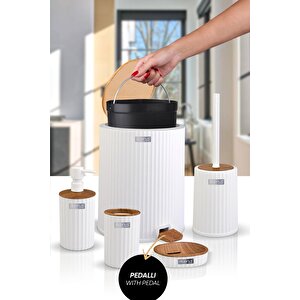 Okyanus Home Coliseum Beyaz Ahşap Desenli Kovalı Pedallı 5'li Banyo Seti