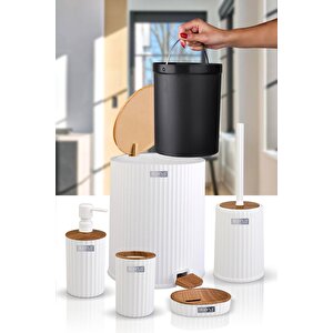 Okyanus Home Coliseum Beyaz Ahşap Desenli Kovalı Pedallı 5'li Banyo Seti