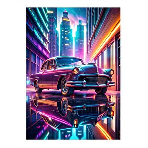 Mor Klasik Araba Ve Neon Şehir Desenli Ahşap Tablo 35cm X50cm 35x50 cm