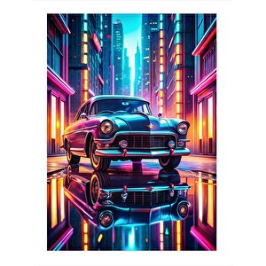 Klasik Araba Ve Neon Şehir Hediyelik Ahşap Tablo 50cmx 70cm