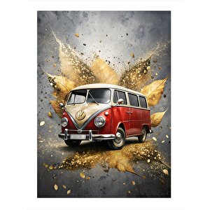 Kırmızı Minibüs Retro Araba Mdf Poster 35cm X50cm 35x50 cm