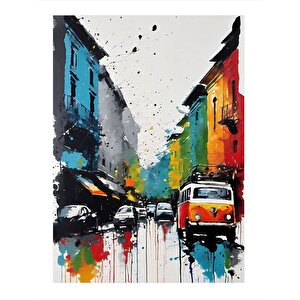 Renkli Şehir Ve Arabalar Dekoratif Ahşap Tablo 35cm X50cm 35x50 cm