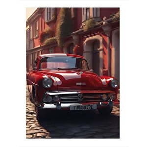 Kırmızı Klasik Araba Desenli Ahşap Tablo 35cm X50cm 35x50 cm