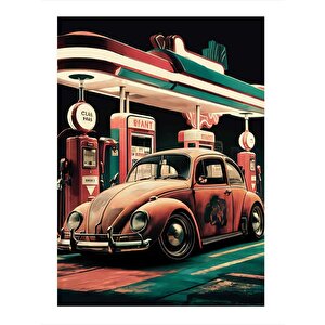 Retro Benzin İstasyonu Ve Araba Hediyelik Mdf Tablo 35cm X50cm 35x50 cm
