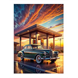 Benzin İstasyonundaki Klasik Araba Dekoratif Ahşap Tablo 25cmx 35cm 25x35 cm