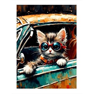 Retro Araba Ve Gözlüklü Kedi Modern Mdf Tablo 25cmx 35cm 25x35 cm