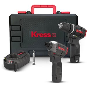 Kress Kug02 12volt/2.0ah. Li-ion Çift Akülü Kömürsüz Profesyonel Şarjlı Darbeli Matkap + Kömürsüz Darbeli Tornavida Kombo Set