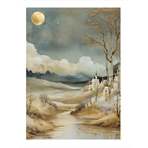 Beyaz Binalar Ve Ay Mdf Poster 25cmx 35cm 25x35 cm