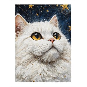 Beyaz Kedi Ve Yıldızlar Model Ahşap Tablo 25cmx 35cm 25x35 cm