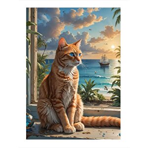 Sarı Kedi Ve Sahil Model Mdf Tablo 35cm X50cm 35x50 cm
