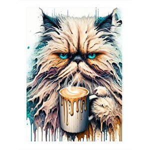 Kahve İçen Tembel Kedi Mdf Poster 25cmx 35cm 25x35 cm