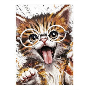 Gözlüklü Kedi Dekoratif Ahşap Tablo 35cm X50cm 35x50 cm