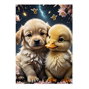 Yavru Köpek Ve Ördek Desenli Ahşap Tablo 25cmx 35cm 25x35 cm