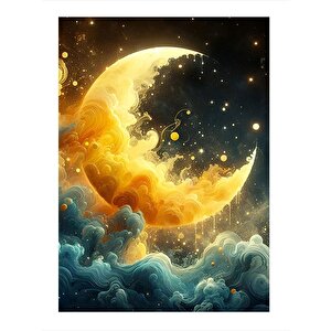 Soyut Bulutlar Ve Ay Tasarım Ahşap Tablo 25cmx 35cm 25x35 cm