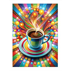 Renkli Desenler Ve Kahve Fincanı Dekoratif Ahşap Tablo 25cmx 35cm 25x35 cm