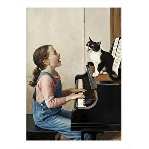 Piyano Çalan Kız Ve Kedi Hediyelik Ahşap Tablo 35cm X50cm 35x50 cm