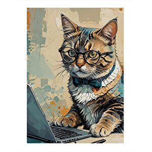 Bilgisayar Kullanan Kedi Model Ahşap Tablo 35cm X50cm 35x50 cm