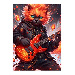 Kırmızı Gitar Çalan Kedi Tasarım Mdf Tablo 25cmx 35cm 25x35 cm