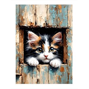 Yavru Kedi Ve Ahşap Kapı Model Ahşap Tablo 35cm X50cm 35x50 cm