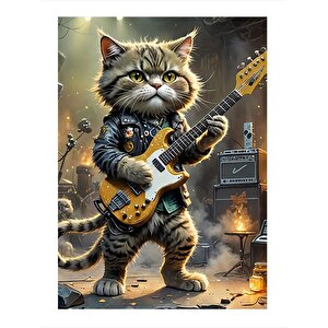Elektro Gitar Çalan Kedi Mdf Poster 35cm X50cm 35x50 cm