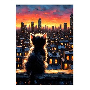 Sevimli Kedi Ve Şehir Manzarası Mdf Tablo 35cm X50cm 35x50 cm