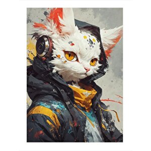 Müzik Dinleyen Beyaz Kedi Desenli Ahşap Tablo 35cm X50cm 35x50 cm
