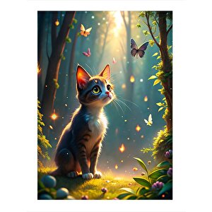 Sevimli Kedi Ve Kelebekler Modern Ahşap Tablo 35cm X50cm 35x50 cm