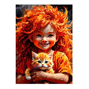 Sarı Kedi Ve Kızıl Saçlı Kız Art Mdf Poster 25cmx 35cm 25x35 cm