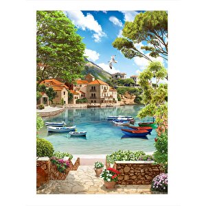 Göl Manzaralı Evler Ve Sandallar Art Mdf Poster 35cm X50cm 35x50 cm