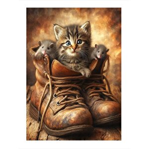 Bot Ve Sevimli Kedi Ve Fareler Dekoratif Mdf Tablo 35cm X50cm 35x50 cm