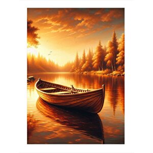 Gün Batımı Göl Manzarası Ve Kayık Modern Ahşap Tablo 25cmx 35cm 25x35 cm