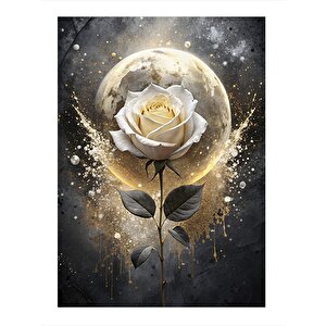 Beyaz Gül Ve Dolunay Mdf Tablo 35cm X50cm 35x50 cm