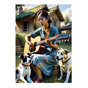 Gitar Çalan Kadın Ve Köpekler Dekoratif Mdf Tablo 35cm X50cm 35x50 cm