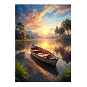 Gün Batımındaki Göl Ve Sandal Art Mdf Poster 35cm X50cm 35x50 cm