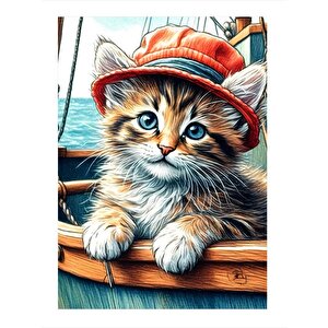 Teknedeki Şapkalı Kedi Tasarım Ahşap Tablo 25cmx 35cm 25x35 cm