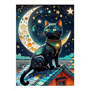 Siyah Kedi Ve Gökyüzü Dekoratif Ahşap Tablo 25cmx 35cm 25x35 cm