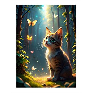 Renkli Kelebekler Ve Kedi Modern Mdf Tablo 25cmx 35cm 25x35 cm