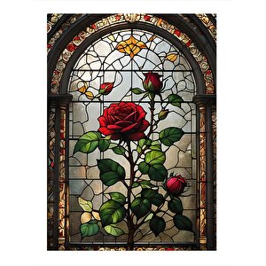 Vitray Şeklinde Kırmızı Güller Dekoratif Ahşap Tablo 35cm X50cm 35x50 cm