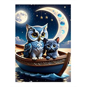 Baykuş Ve Kedi Sandalda Hediyelik Ahşap Tablo 25cmx 35cm