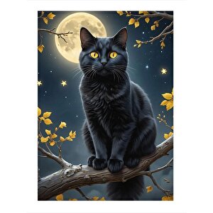 Siyah Kedi Ve Dolunay Desenli Ahşap Tablo 25cmx 35cm 25x35 cm