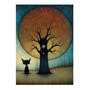 Yapraksız Ağaç Ve Kedi Mdf Tablo 35cm X50cm 35x50 cm